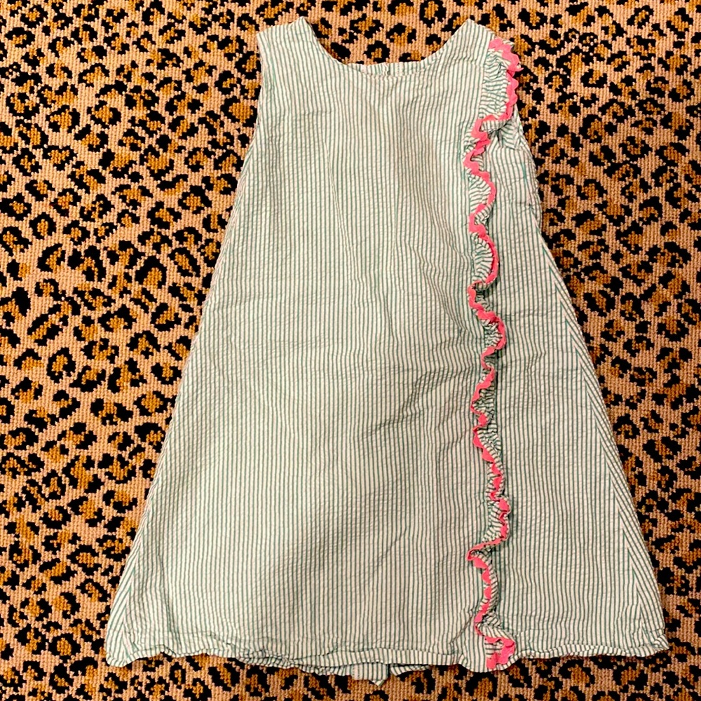Funtasia Too green seersucker dress with pink ruffle